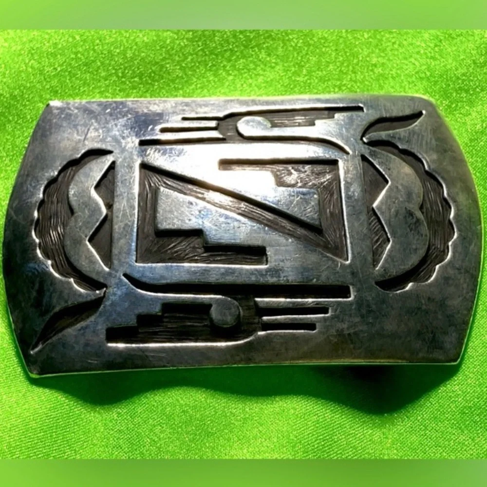 Navajo Hopi Belt Buckle .925 SOLID Sterling Silver Handmade Overlay Circa 1980's